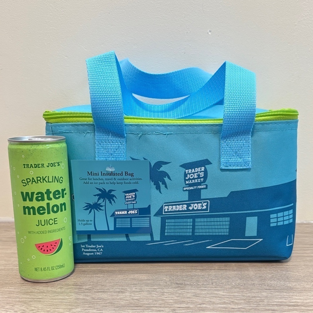 Trader Joe’s Mini Insulated Tote Bag In Blue/ Teal and Neon Green